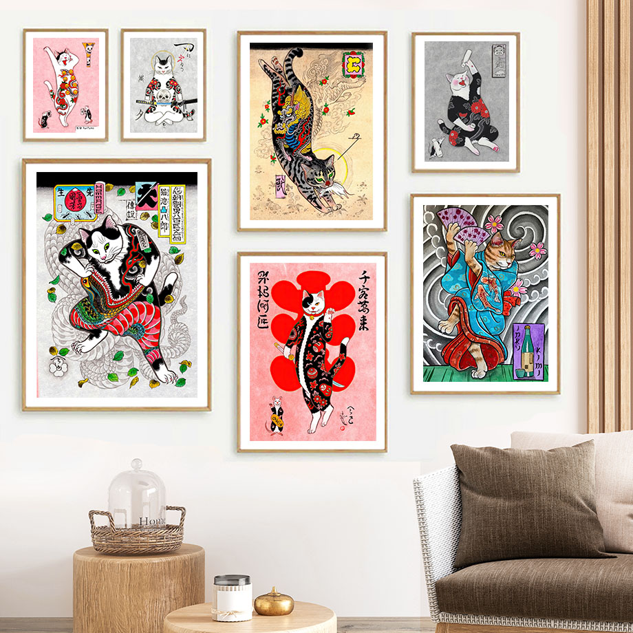 Japanese Traditional Lifestyle - Arte de pared de gato samurái